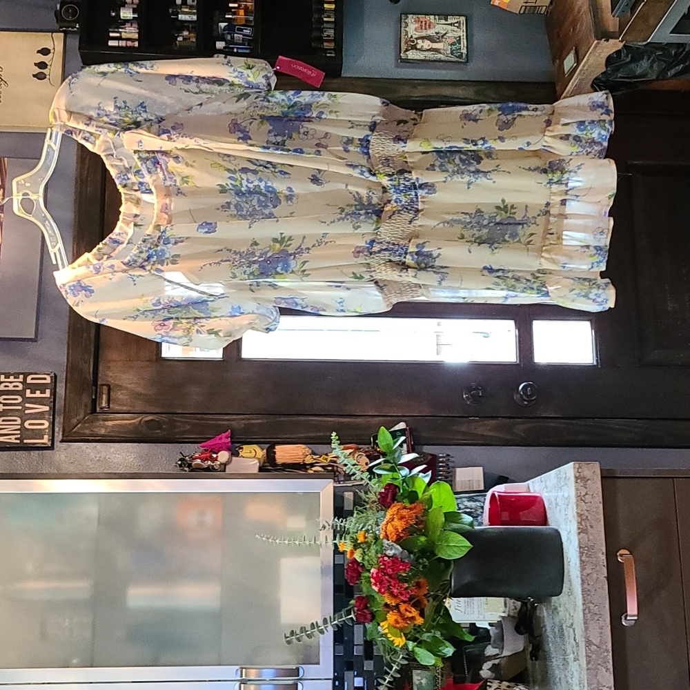 Super cute, shabby cream, floral sundress with built-in cream lining